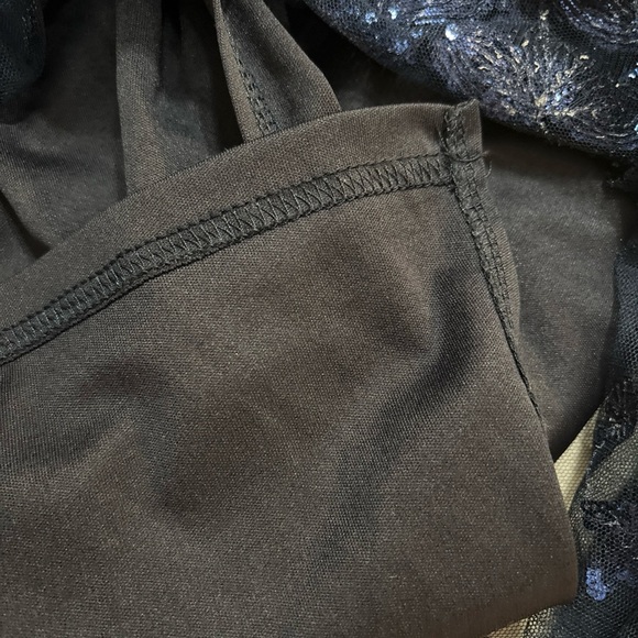 Evening Gown Navy Lace Shear Sequins Spaghetti Strap Deep V-Neck SzL Lined - Picture 12 of 12